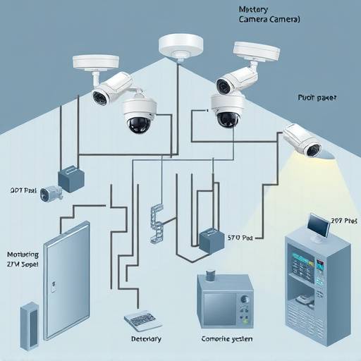 Diagrama de un sistema de cámaras de seguridad en una prisión, mostrando la ubicación de las cámaras y el centro de monitoreo.