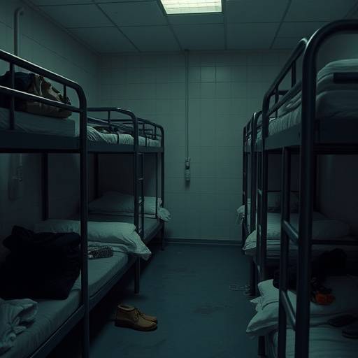 Foto de un dormitorio compartido en una prisión de mínima seguridad con literas y pertenencias personales visibles.