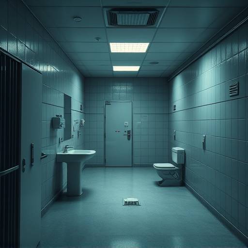 Foto de una celda de prisión moderna con instalaciones básicas.