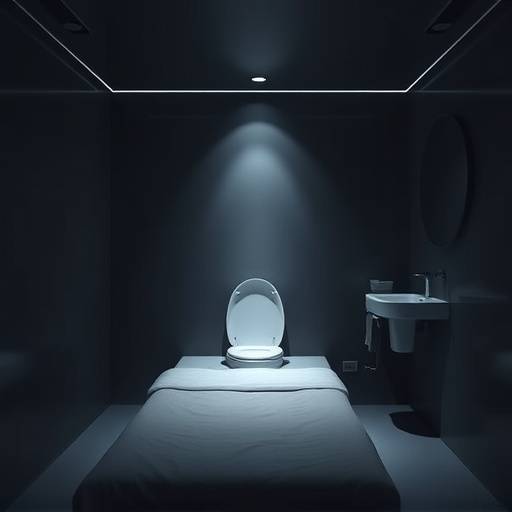 Fotografía de una celda de aislamiento con cama, inodoro y lavabo mínimos.