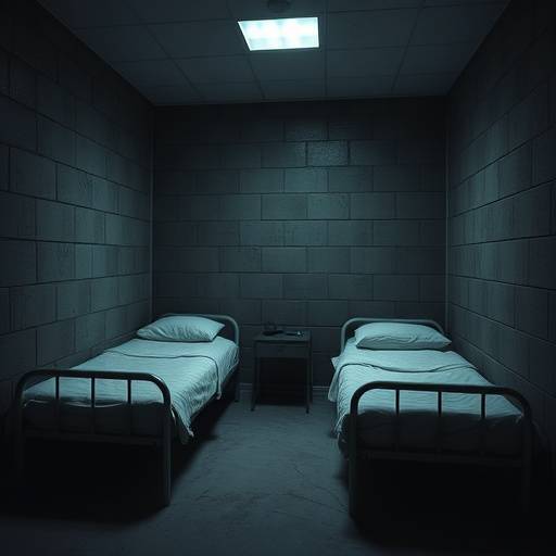 Imagen de una celda con dos camas y escasas pertenencias personales.