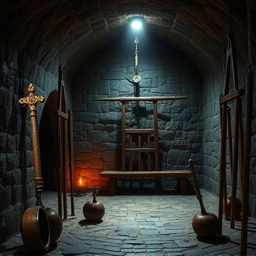 Imagen de una mazmorra medieval con paredes de piedra, poca luz y instrumentos de tortura.